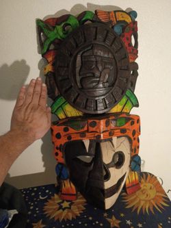 Big Aztec Jaguar knight with calendar head dress and half skull fac
