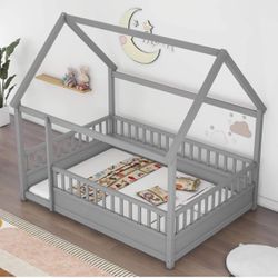 Full Size Floor Bed with House Roof Frame, Wooden Montessori Bed with Fence and Safety Guardrails, F-6