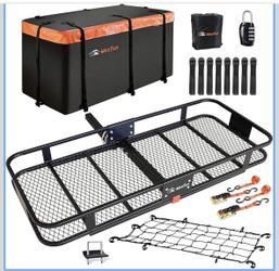MeeFar Hitch Mount Cargo Carrier Basket 60"*25"*6"+Waterproof Bag 25 Cubic Feet(60"*24"*31"),and Cargo Net with Attachment Hooks,Ratchet Straps,Hitch 