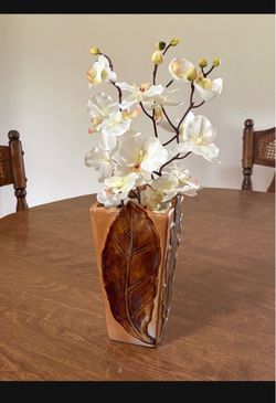Home Decor Ceramic Brown Leaf Vase With Artificial Flowers