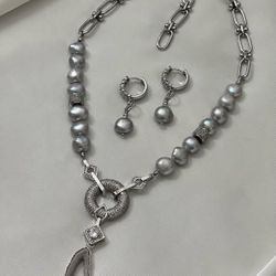 Half Chain & Half Fresh Water Pearl AAAAA Best Quality necklace set with Druzy Slice Agate pendant and earrings - silver & gray - Handmade Necklace