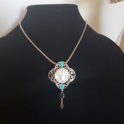 Carolyn Pollock 925 Silver/Mother Of Peral, Black Onyx, Turquoise & Dangling Tear Drop Smokey Quartz Pendant