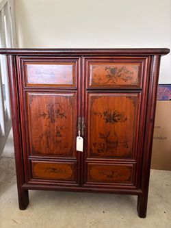 Vintage Two-Tone Chinese Hardwood Accent Cabinet With Hand-Painted Bird & Floral