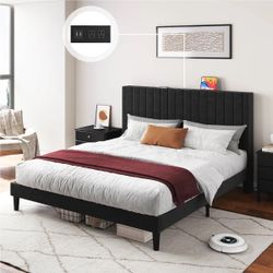 Queen Upholstered Platform Bed Frame with Channel Tufted Headboard, Wood Slats, No Box Spring, Black
