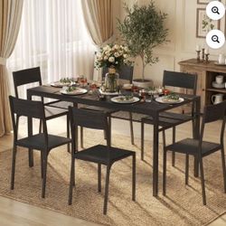 Dining Table Set for 4-6 People, Large Dining Table Set with 6 Chairs, Black