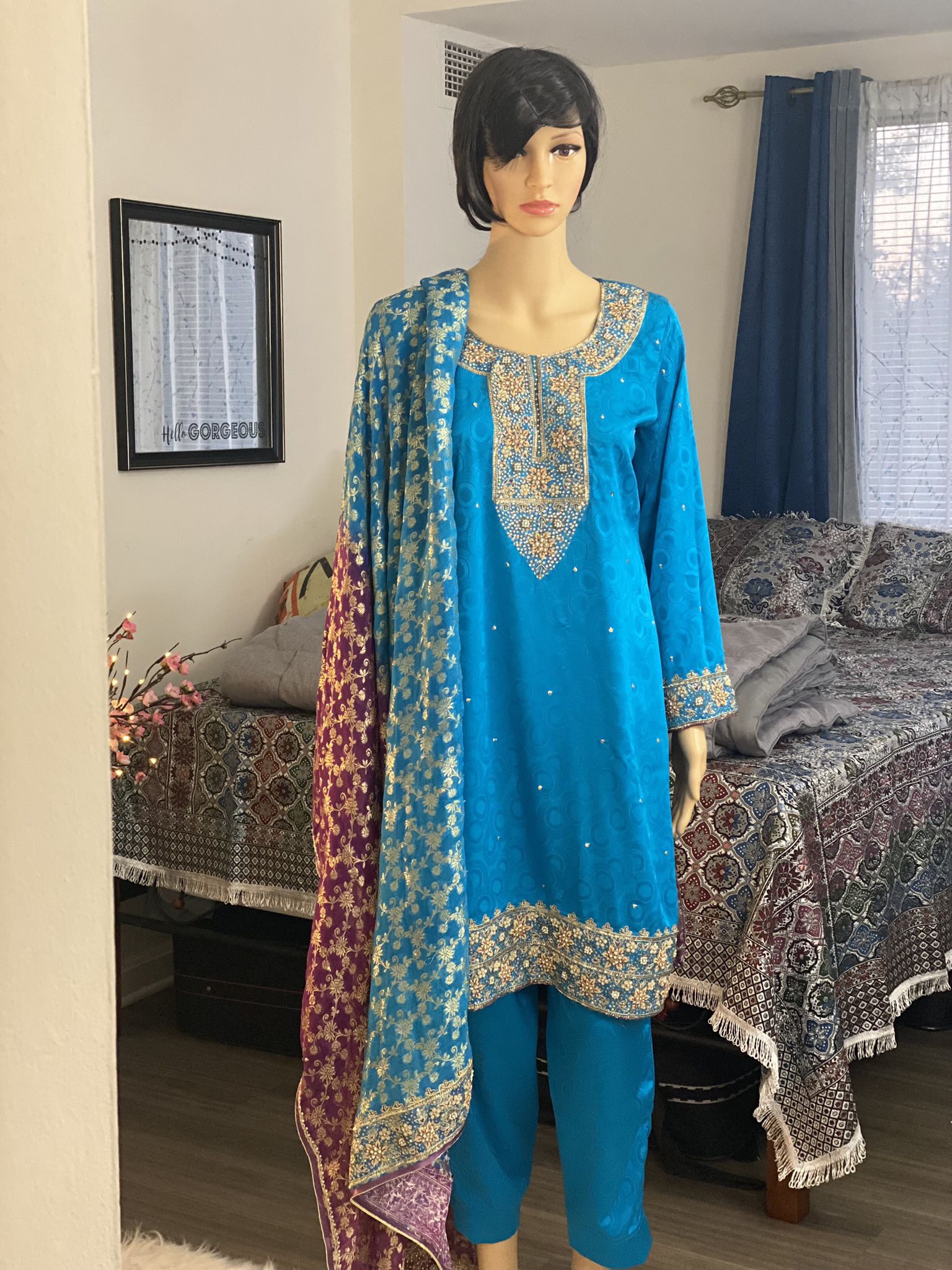 Fancy Pakistani Party Wear Blue Embroidered Shalwar Kameez with Two-tone Dupatta