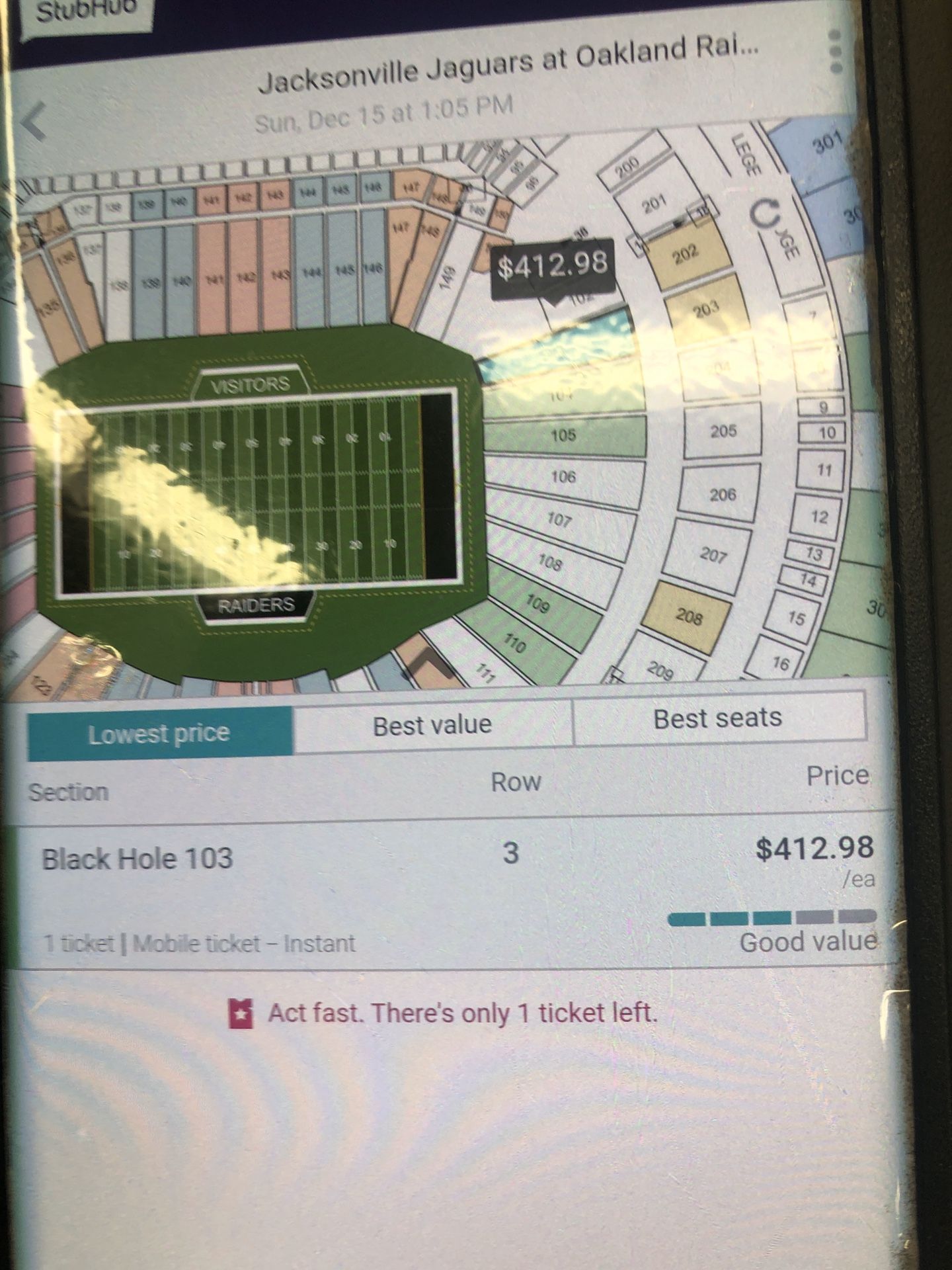 One extra ticket for the Raiders last game in the black hole. Section 103 Row 23