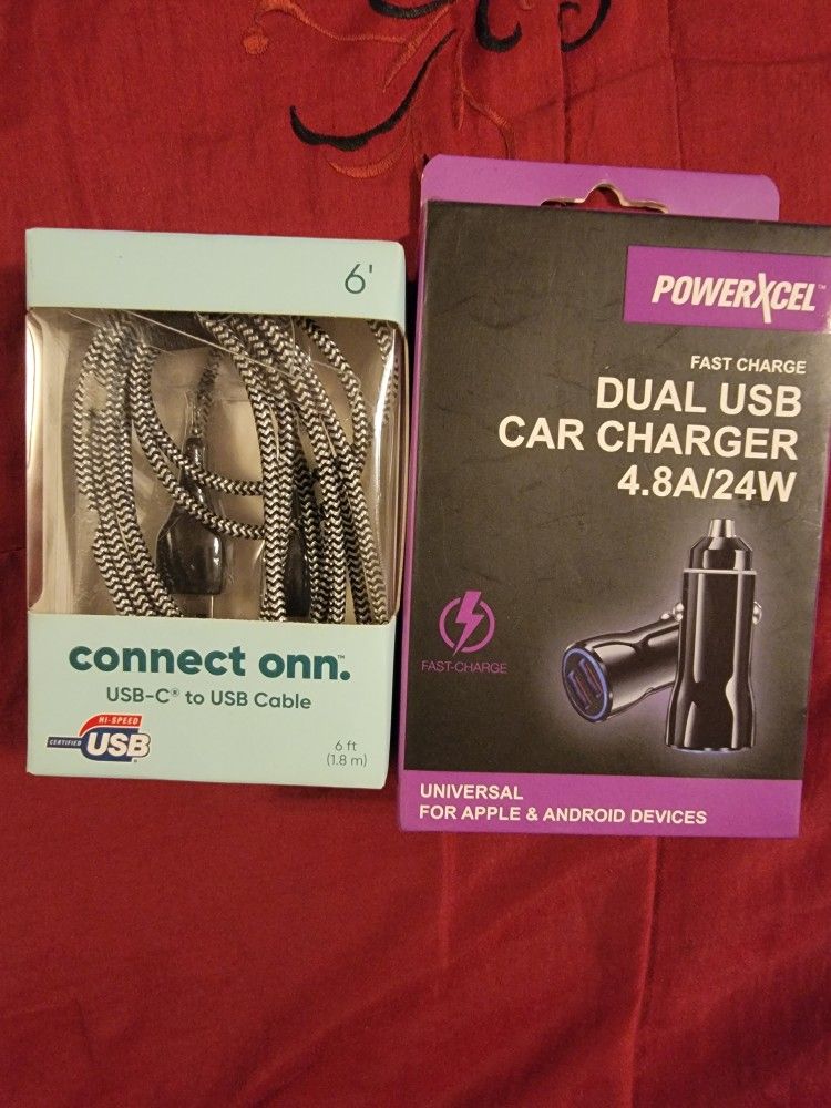 Onn USB-C to USB cable+PowerXcel Dual Car Charger 24w/New