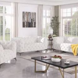Chesterfield Luxury White Microfiber Three Piece Couch Set