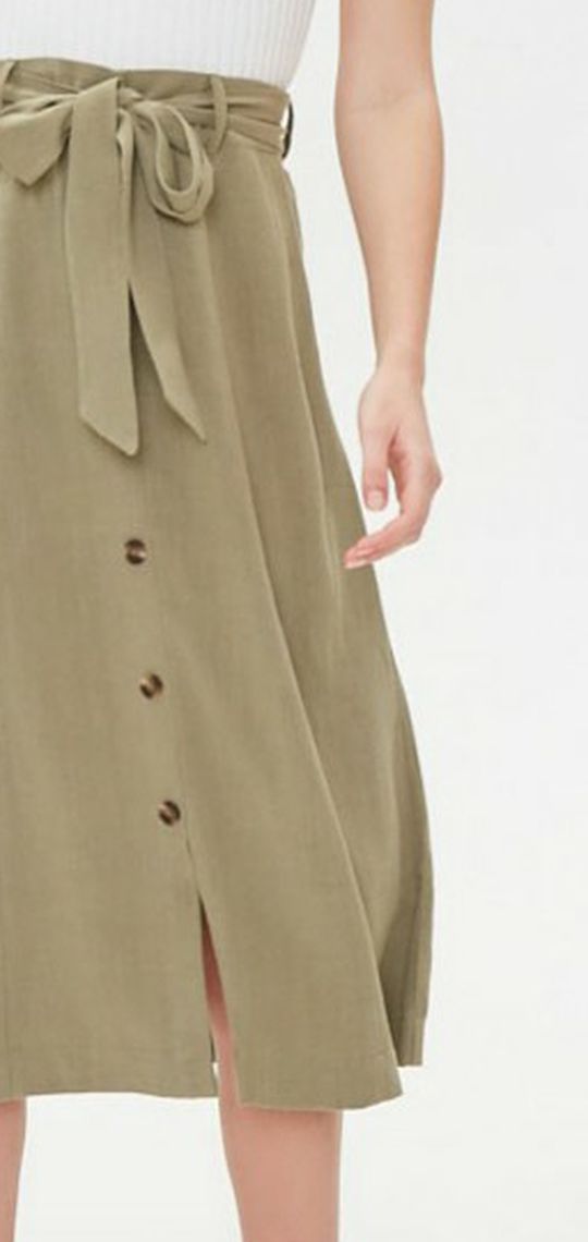 Forever 21 Linen A-Line Midi Skirt Khaki green