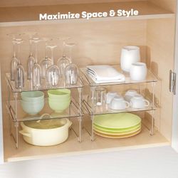 Set of 4 Acrylic Stackable Organizer Shelves, Clear Kitchen & Bathroom Storage Racks