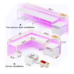 White L shaped Gaming desk  LED Table Lights Up