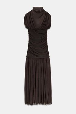 Zara Combination Draped Midi Dress Chocolate Brown NWT Pleated Mesh