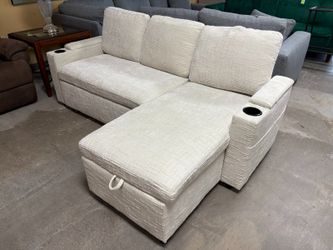 White Textured Fabric Sleeper Sofa w/ Storage Chaise