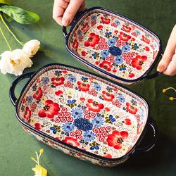 Ceramic Baking Dish, Blue Casserole, 2 Piece Bakeware Set, Single Size Bakeware Set for Oven Baking Lasagna (Honey Flower