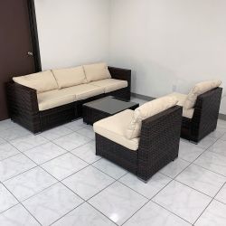 $395 (New) 6pcs patio furniture set outdoor sectional set wicker rattan sofa chair set w/ cushion, glass table