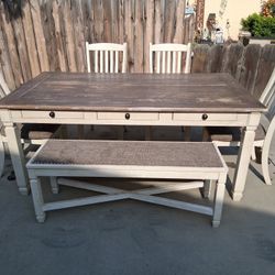 Kitchen Table Farmhouse Rustic Dining Table + Chairs + Bench
