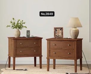Solid Wood Nightstands Set of 2, with 2 Large Drawers, Wood Side Table with Charging Station for Bedroom,Brown
