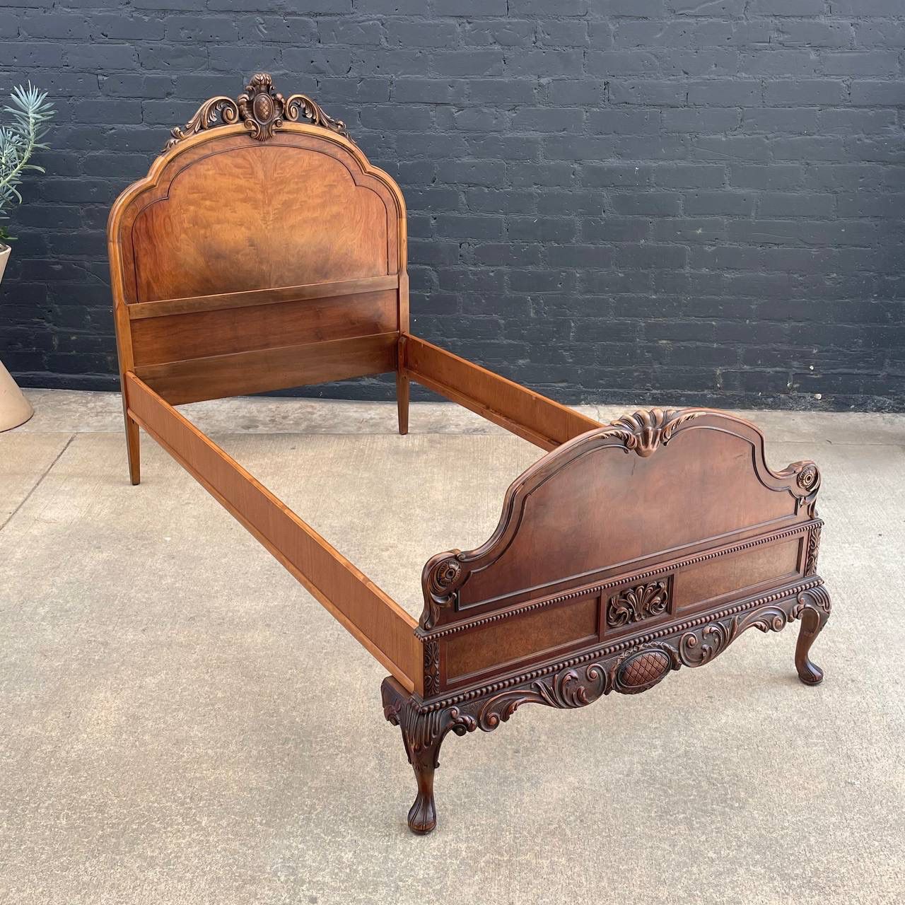 Antique French Louis XVI Hand Carved Wood Twin Size Bed Frame, 1940’s