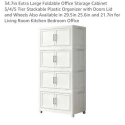 34.7in Extra Large Foldable Office Storage Cabinet 3/4/5 Tier Stackable Plastic Organizer with Doors Lid and Wheels