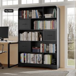 70" Book Shelf and Bookcase, Tall Bookshelf with 3 Bins, 48" Wide Modern 5 Tier Bookcase with Drawers Storage, Large Wood Display Cabinet with Adjusta