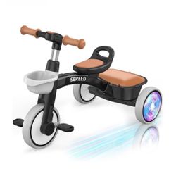 SEREED Colorful Lighting Toddler Tricycle for 2-5 Years Old Boys, Adjustable Seat&Handlebar Trike, Removable Basket, Birthday Gift Idea for Kids Ages 