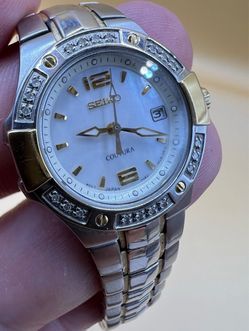 Seiko Coutura Women's Watch Mother of Pearl Dial Two-Tone Diamond Bezel 7N82
