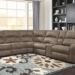 Power Electric Brown Chenille Fabric Fully Reclining Sectional Couch 