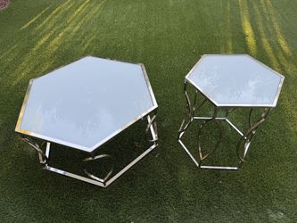Set of coffee table and end table, metallic and tempered glass