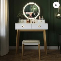 Vanity Desk With Stool & Mirror With 3 Light Modes