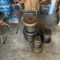 WORKOUT WEIGHTS STEEL METAL WEIGHT PLATES 28 PLATES 1 BAR