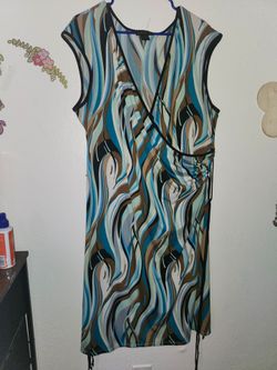 Tiana B Graphic Swirled Print Teal & Brown Wrap Bodice Dress 2X