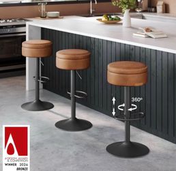 Set of 4 —360° Swivel Bar Stool, Height Adjustable Barstool with Storage, Synthetic Leather with Stitching, Mid-Century Modern, Kitchen Bar, Easy Asse