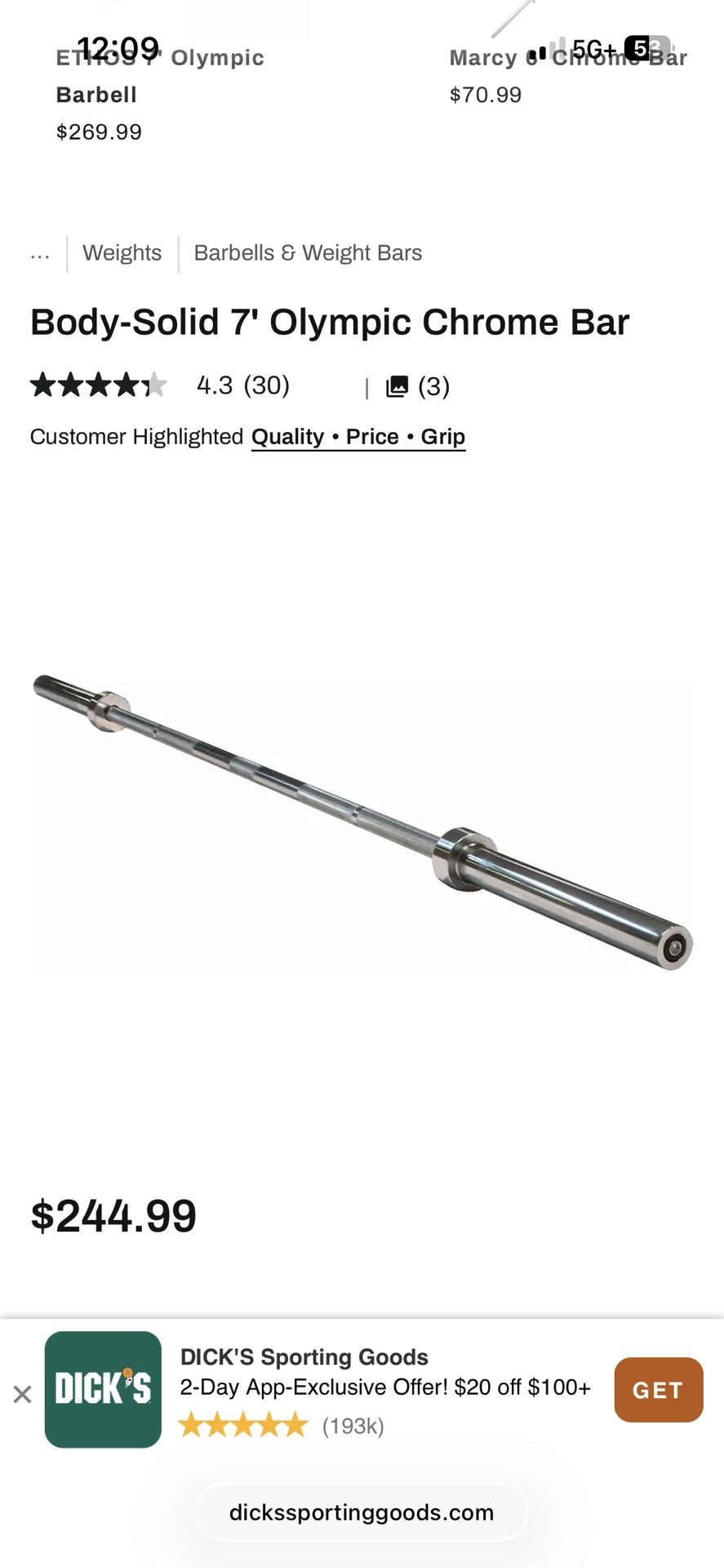 Body-Solid 7’ Olympic 45 Pound Barbell Chrome