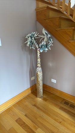 Tall Hammered Metal Floor Vase with Faux Flowers