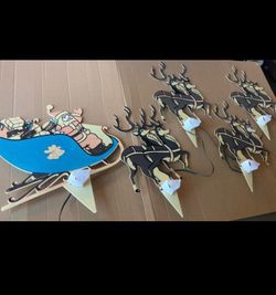 Vintage Outdoor Christmas Display Santa And Reindeer **some damage** Lighted Lawn Display 1960s