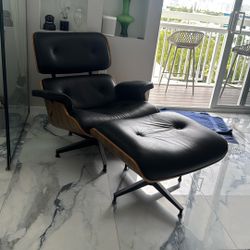 Furgel Mid-Century Chair Lounge Ottoman , walnut, black, leather Seat Recliner Relax Chaire Designer