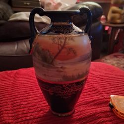 ANTIQUE NIPPON BLUE & GOLD MORIMURA HAND-PAINTED SCENIC LANDSCAPE 7 INCH VASE