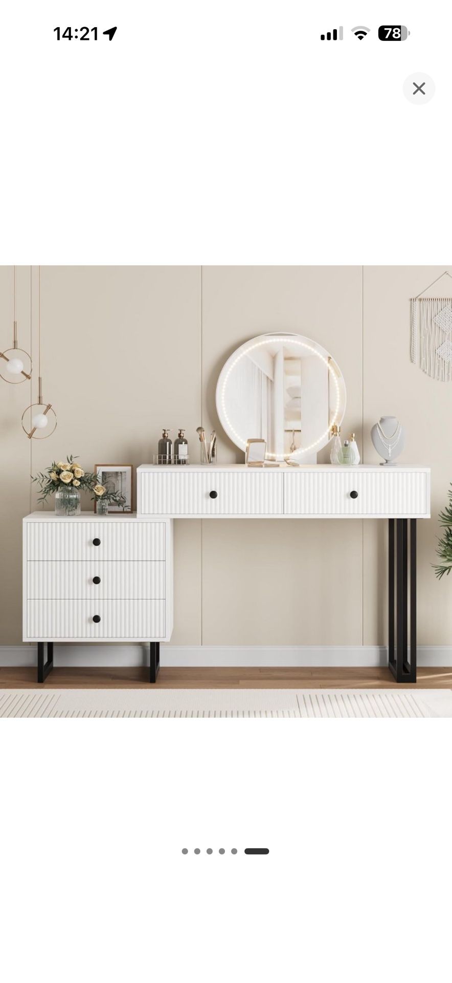 Acekool White Vanity Desk with Mirror and Lights, Modern Makeup Vanity Table with 5 Drawers, 3-Color LED, Adjustable Brightness for Bedroom