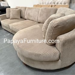 New! 125”L Ultra wide seat cushions Plush Sectional, Modern Sectional, Contemporary Sectional, Camel Sectional, Sofa, Couch, Round Shape Sectional Cha