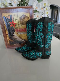 Los Altos Boots Black Western Cowboy Boots Turquoise Embroidered With Box