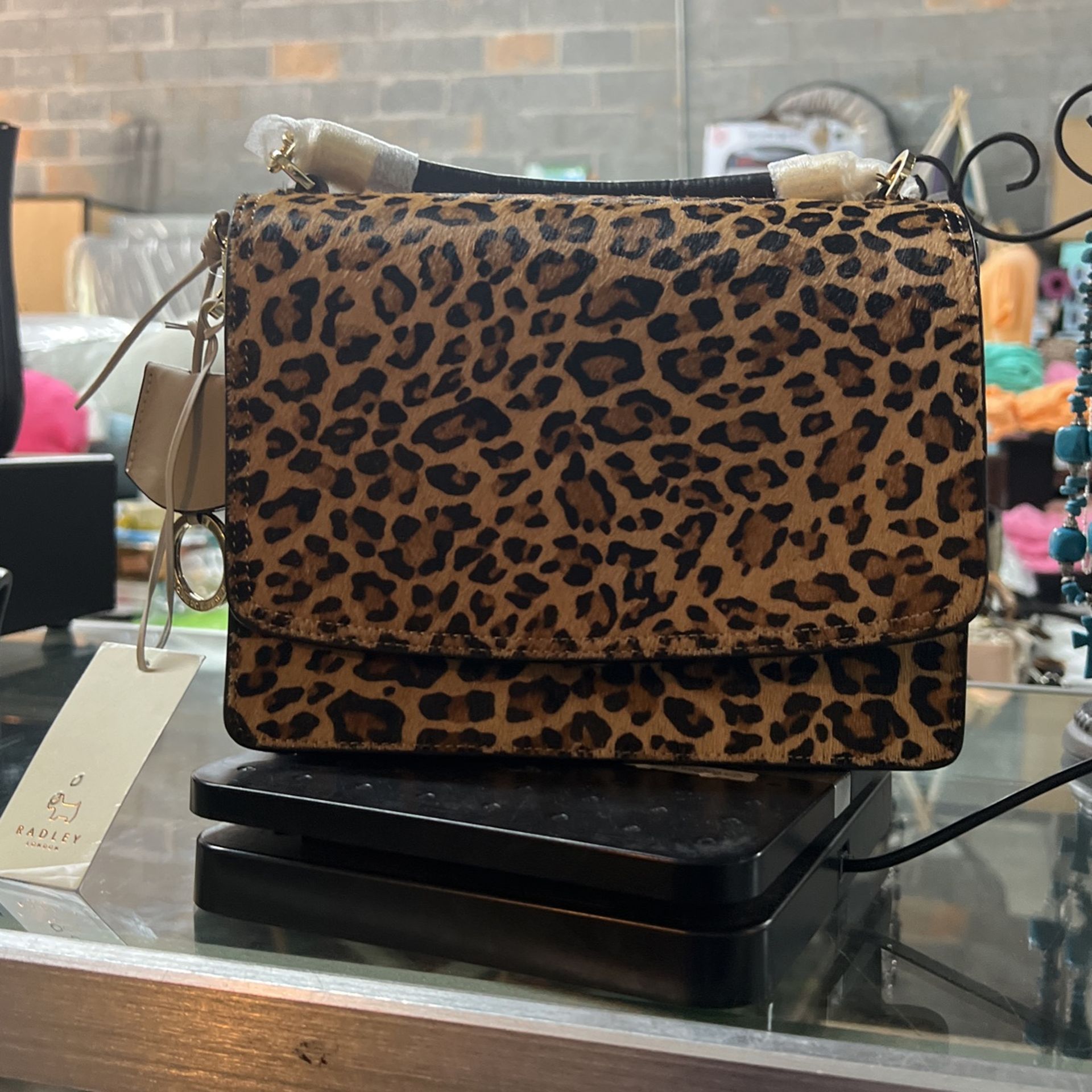 Radley London Adie Road Leather Leopard Print Handbag.