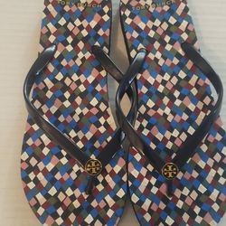 Tory Burch Flip Flops Size 9 Geometric Sandals Blue
