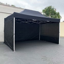 (NEW) $180 Heavy-Duty 10x15 ft with (3 Sidewalls) EZ Popup Canopy Outdoor Gazebo, Carry Bag (Black, White)