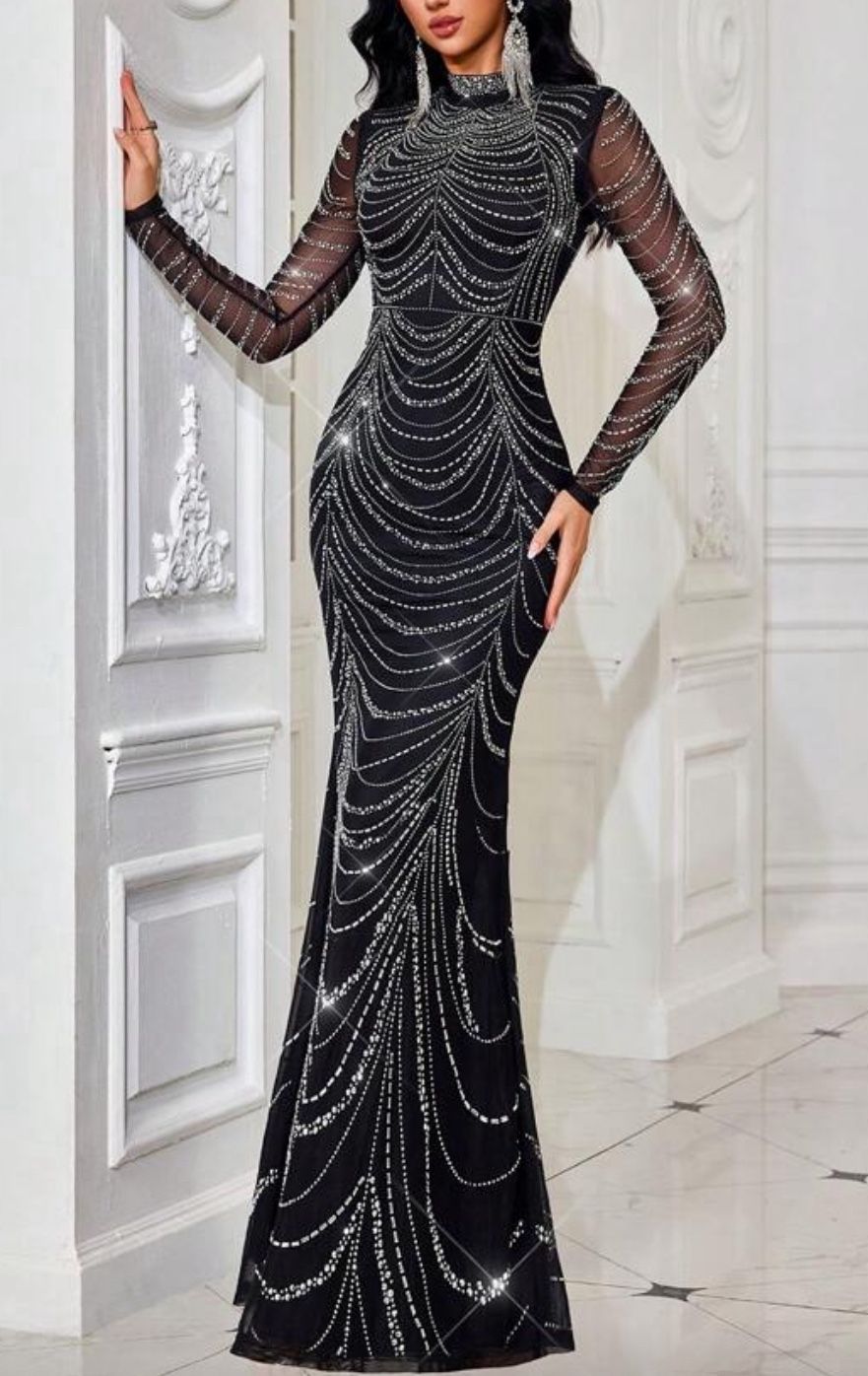 QOQ Gorgeous Noble Women Formal Dress Rhinestone Long Sleeve Evening Gown For Charity Prom, Formal Events, Galas, Dinner Party