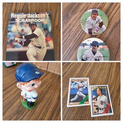 Vintage Baseball Memorabilia - Baseball Cards, Bobblehead, Reggie Jackson’s Scrapbook, Buttons