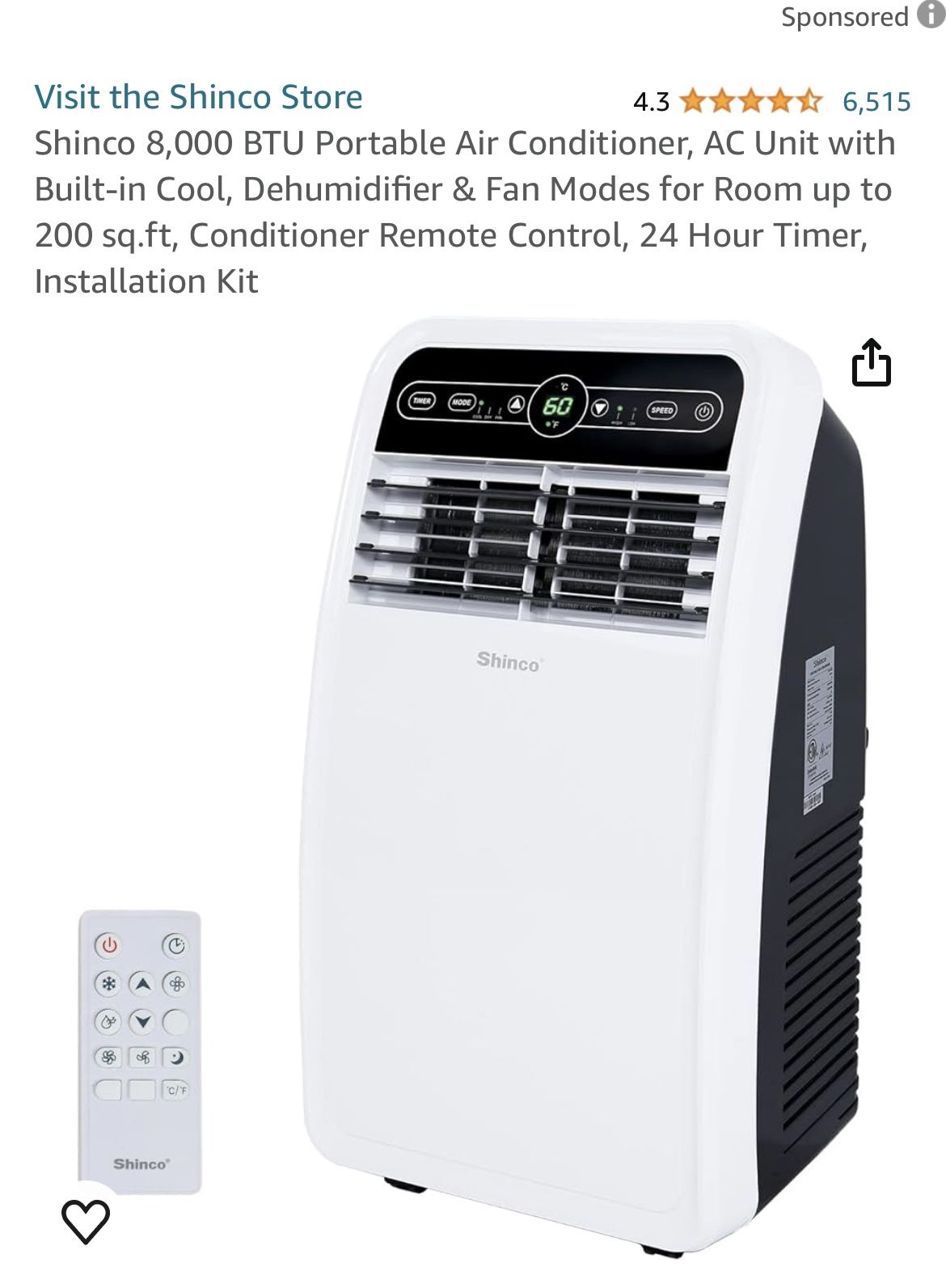 Shinco Air Conditioner 8,000 BTU