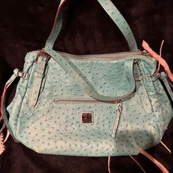 Dooney & Bourke turquoise ostrich embossed leather top handle satchel handbag.