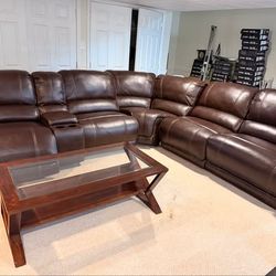 Reclining Leather Sectional Sofa with Glass Coffee Table