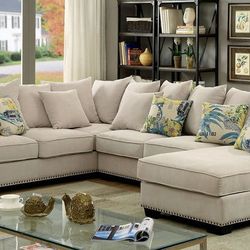 Beige Sofa Sectional Solid Wood Frame 